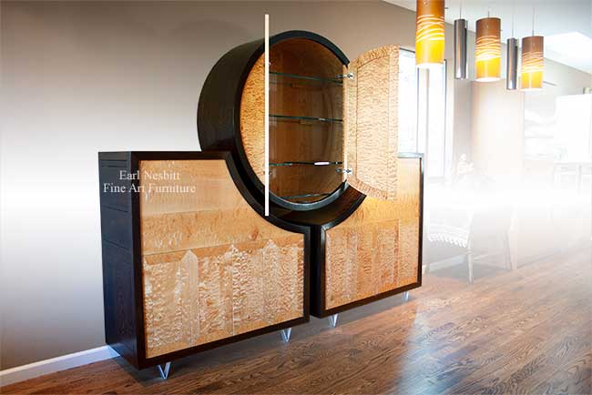luxury cabinet with both upper doors open revealing glass shelves